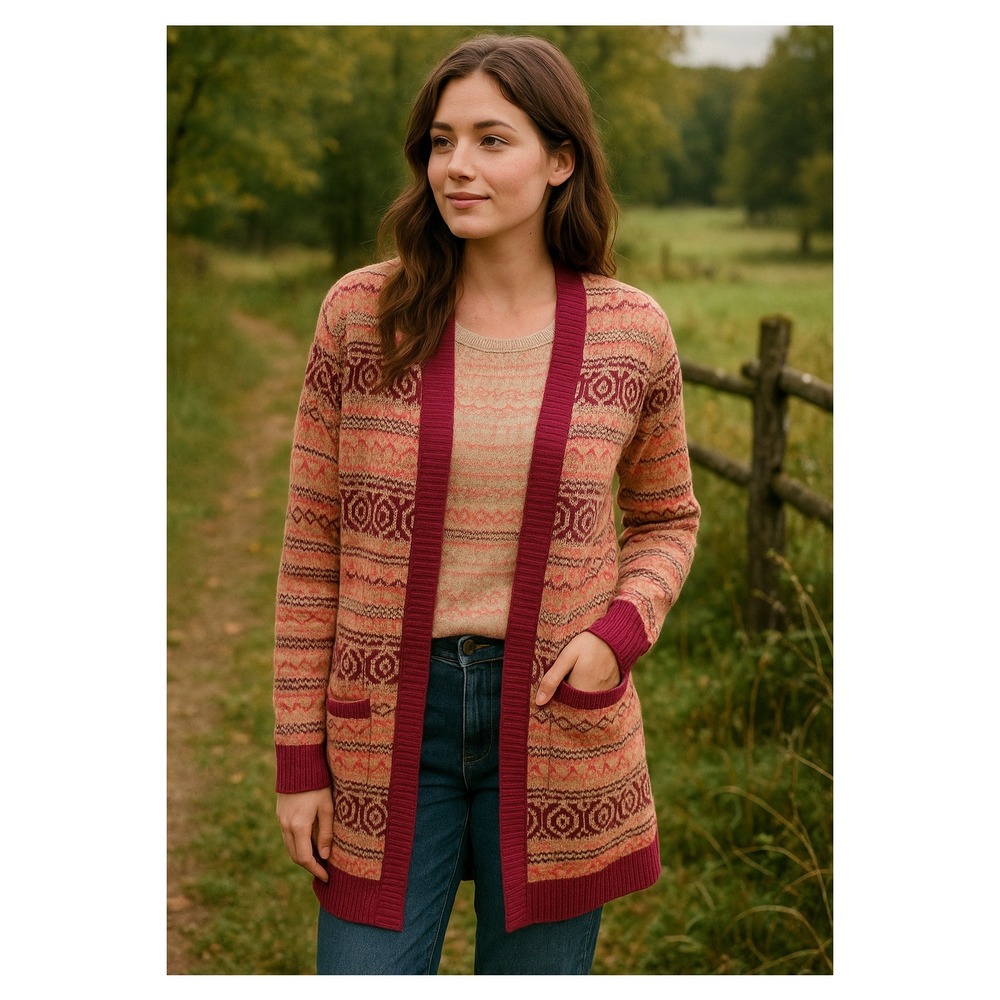 Matilda Jane Fair Isle Cardigan Open Front Long Sweater Boho Pink Purple L